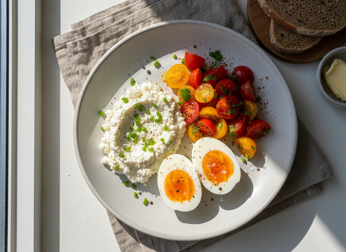 Frühstücksteller mit Hüttenkäse, Tomaten und Eiern photo