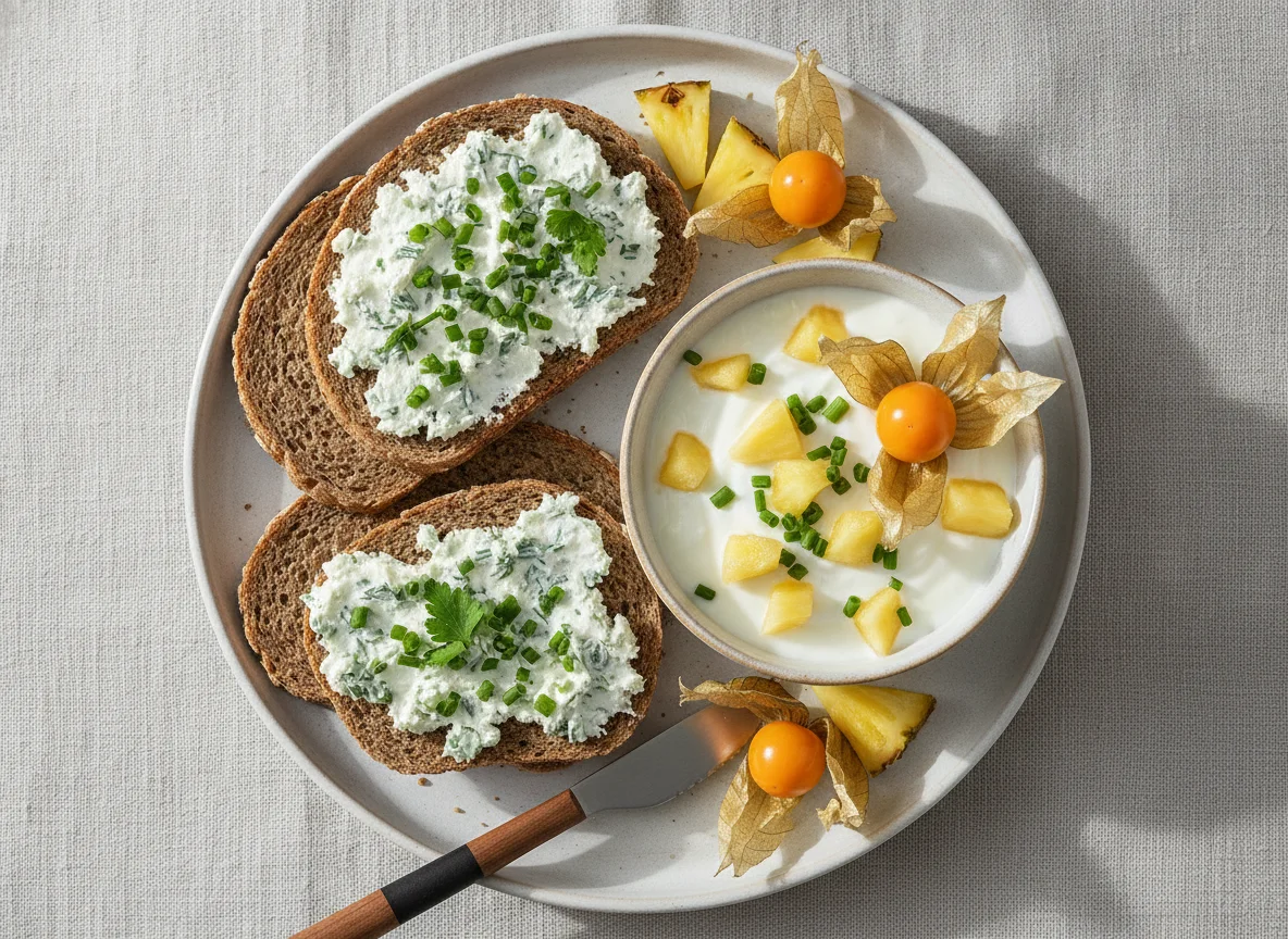 Frühstücksteller mit Joghurt, Brot und Obst photo