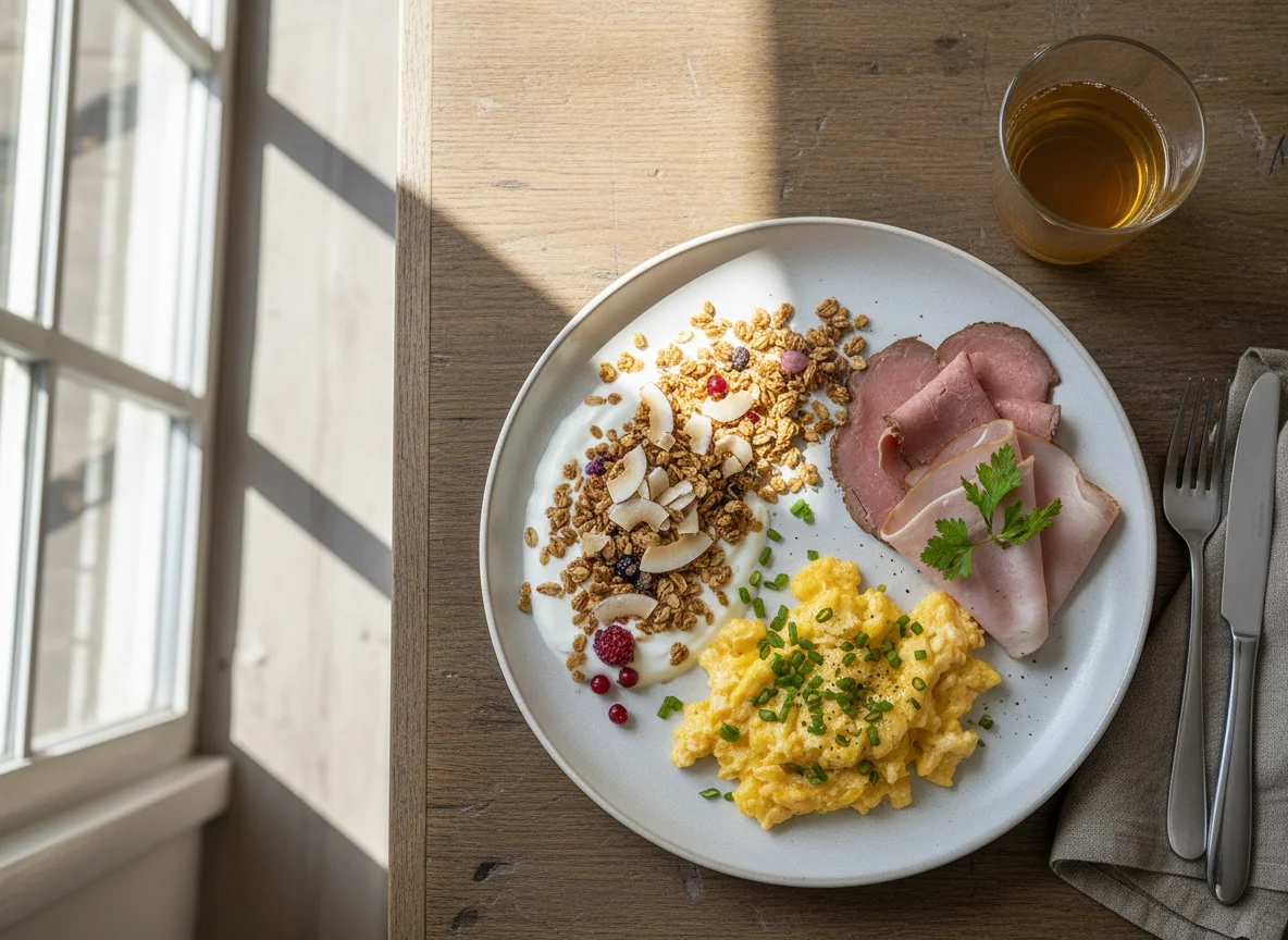 Frühstücksteller mit Joghurt, Rührei und Aufschnitt photo