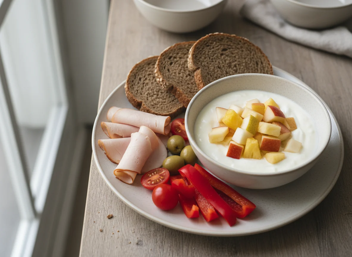 Frühstücksteller mit Joghurt und Brot photo