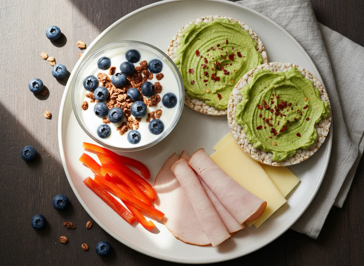 Frühstücksteller mit Joghurt und Reiswaffeln photo