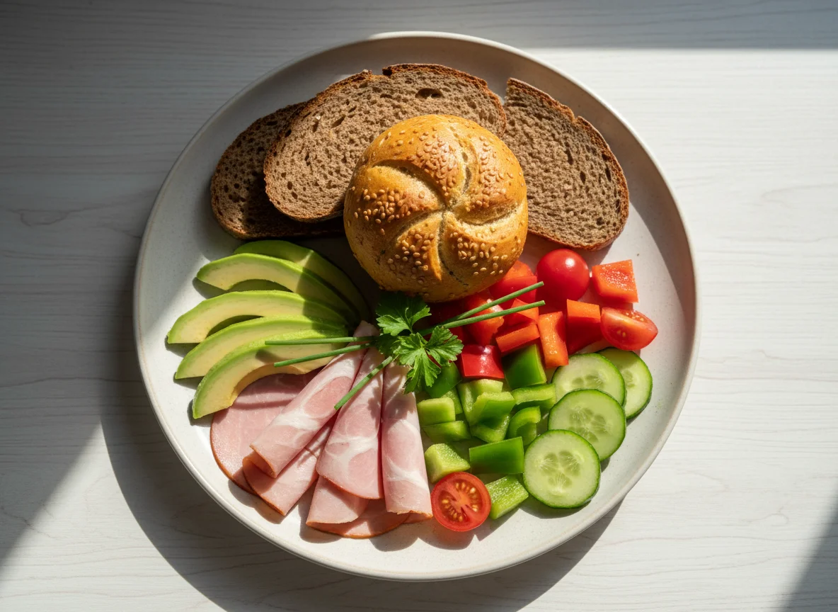 Frühstücksteller mit Karottenweckerl, Roggenbrot und Gemüse photo