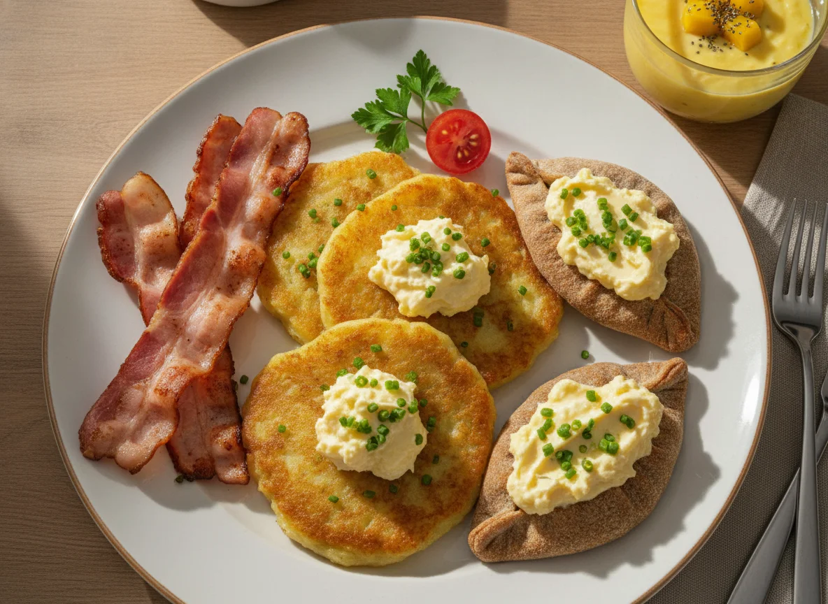 Frühstücksteller mit Kartoffelpuffer, Speck, Karjalanpiirakka und Eibutter photo