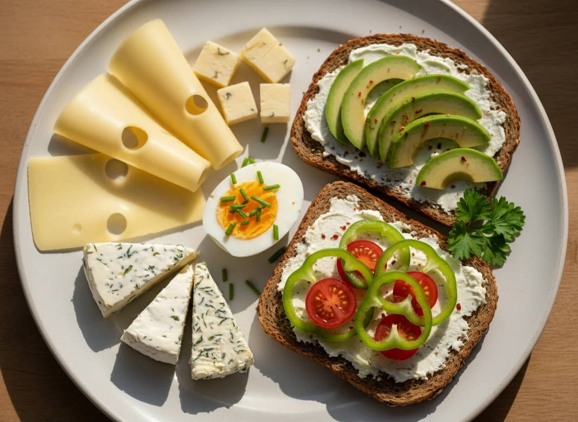 Frühstücksteller mit Käse, Ei und Avocado-Brot photo