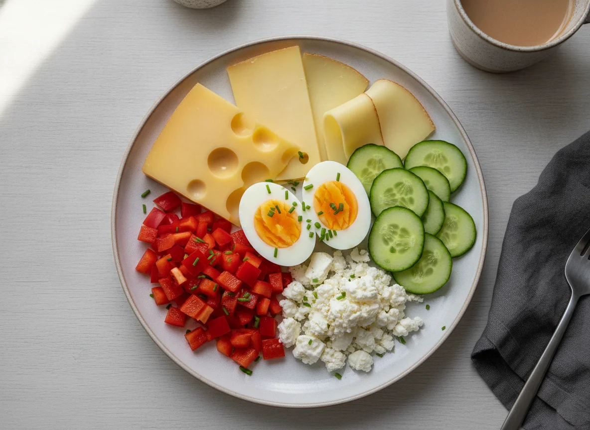 Frühstücksteller mit Käse, Ei und Gemüse photo