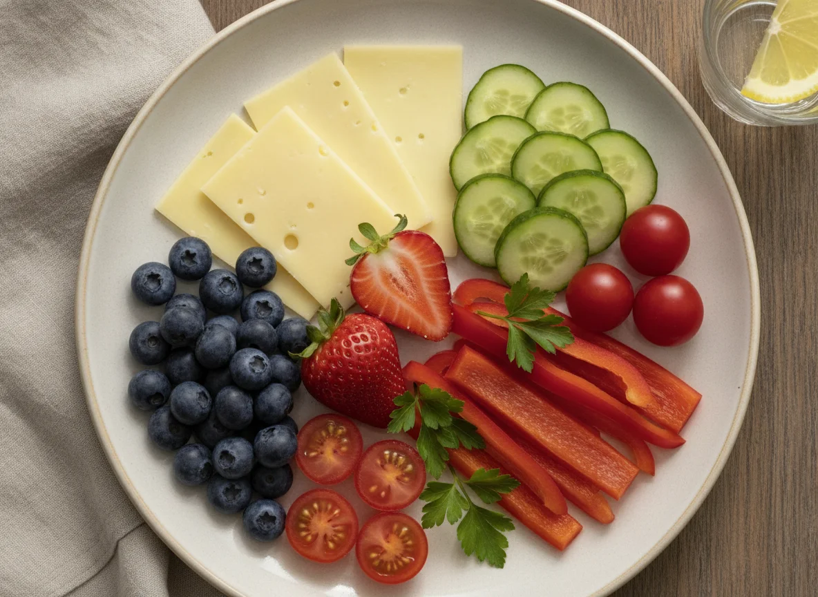 Frühstücksteller mit Käse, Obst und Gemüse photo