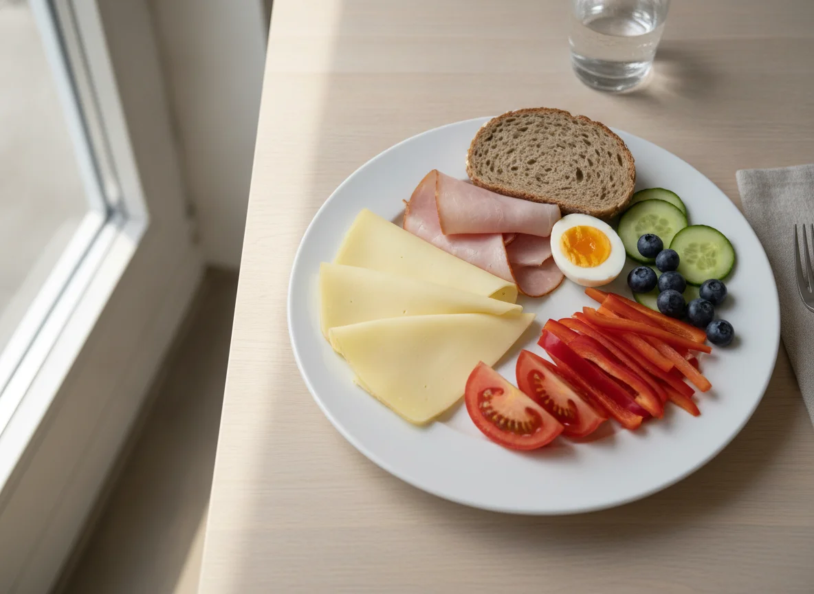 Frühstücksteller mit Käse, Schinken und Gemüse photo