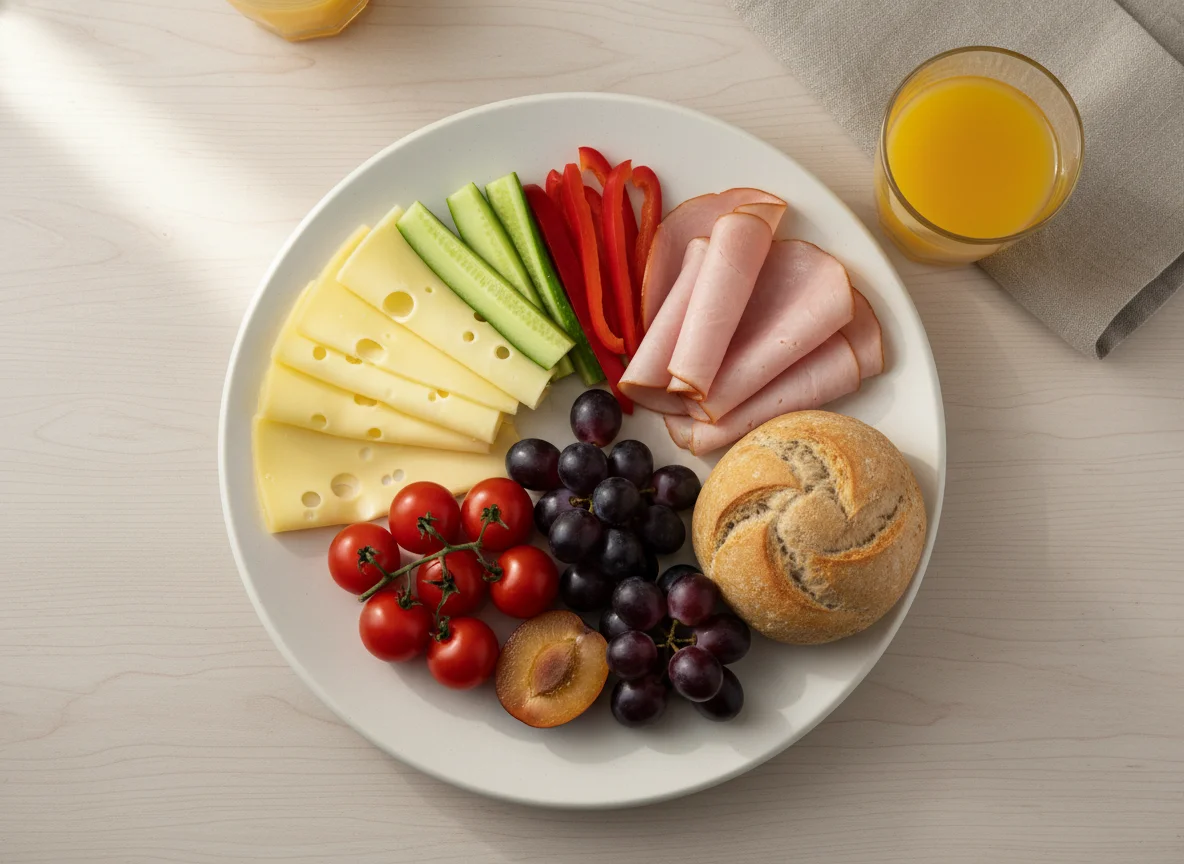 Frühstücksteller mit Käse, Schinken und Obst photo