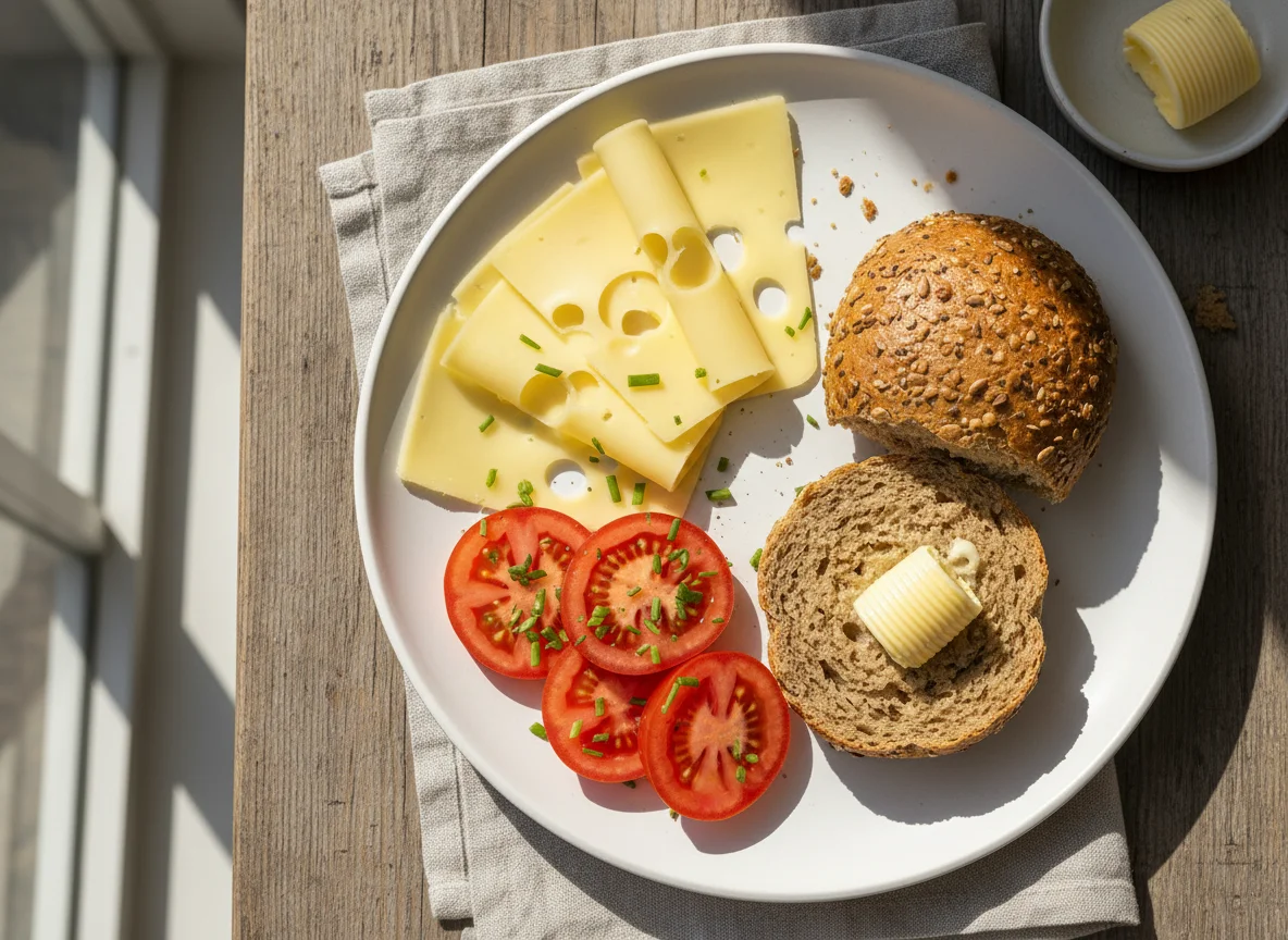 Frühstücksteller mit Käse und Brötchen photo