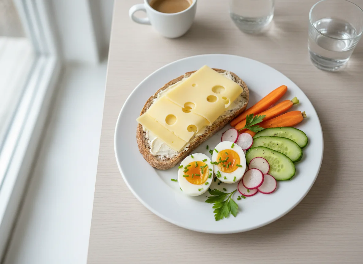 Frühstücksteller mit Käsebrot, Ei und Gemüse photo