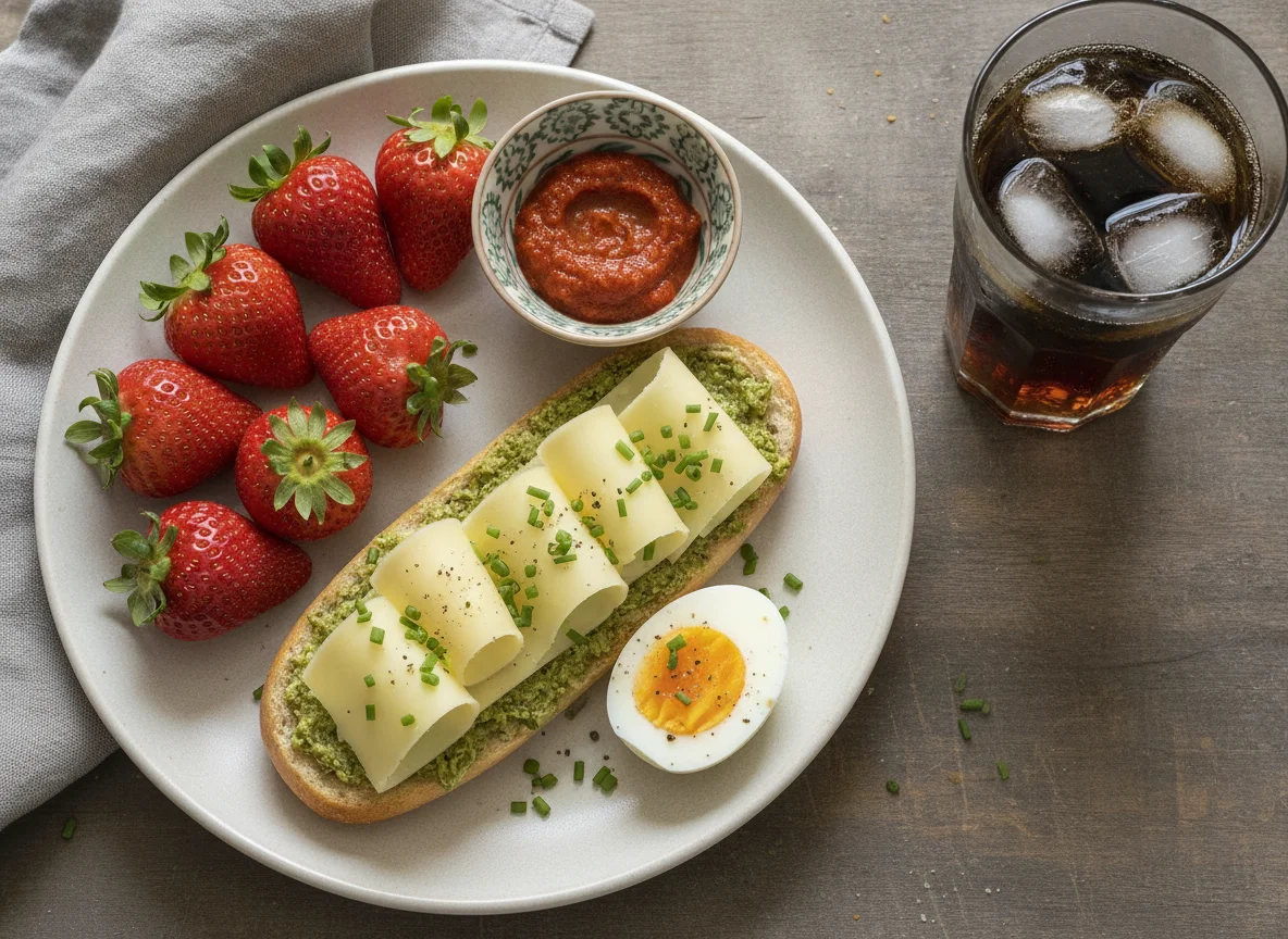Frühstücksteller mit Käsebrot, Eiern und Erdbeeren photo