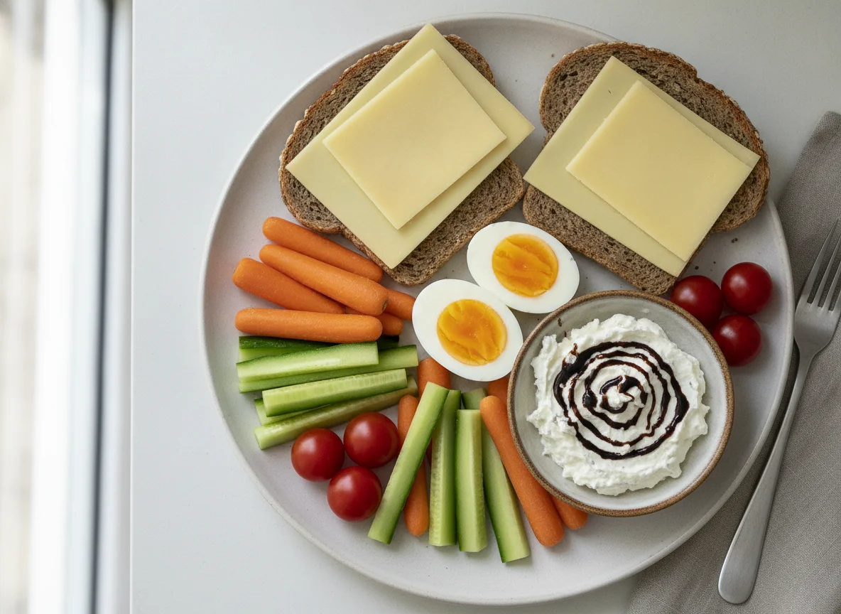 Frühstücksteller mit Käsebrot, Eiern und Gemüse photo