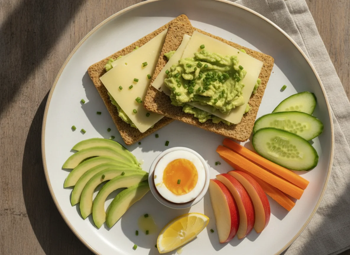Frühstücksteller mit Knäckebrot, Ei und Avocado photo
