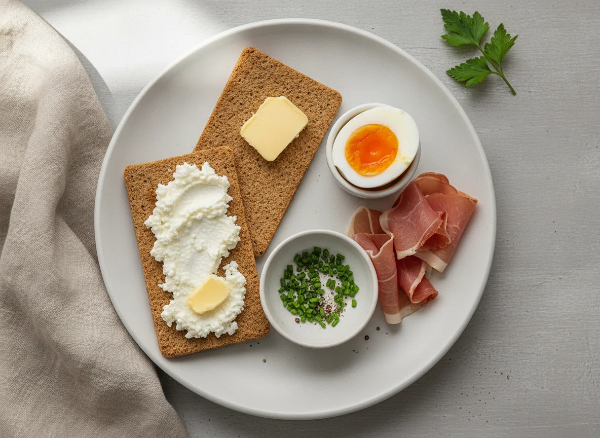 Frühstücksteller mit Knäckebrot, Ei und Hüttenkäse photo