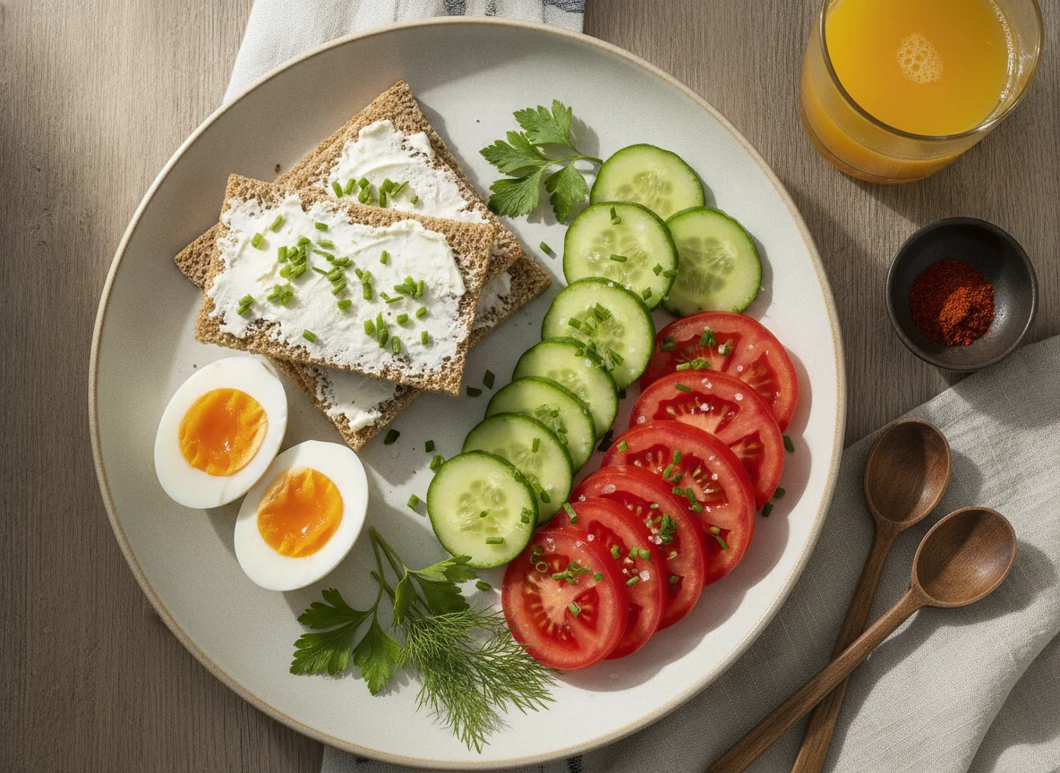 Frühstücksteller mit Knäckebrot, Eiern und Gemüse photo