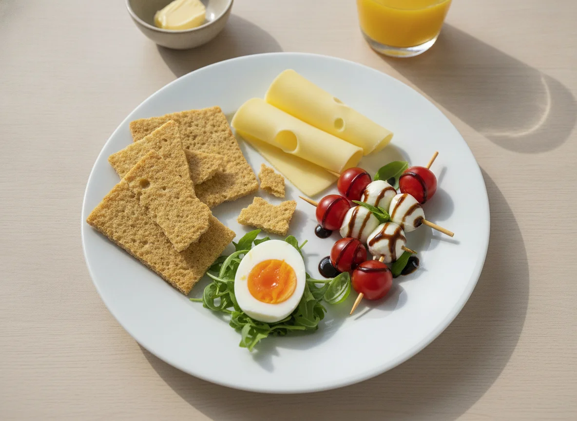 Frühstücksteller mit Knäckebrot, Käse, Ei und Caprese photo