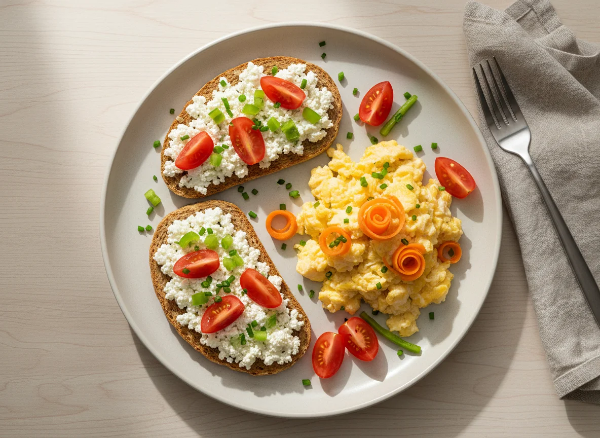 Frühstücksteller mit Knäckebrot, Rührei und Gemüse photo
