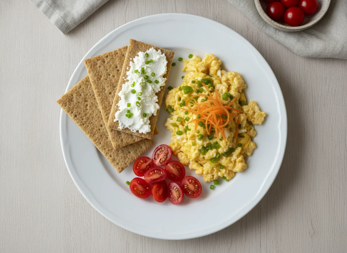 Frühstücksteller mit Knäckebrot und Rührei photo