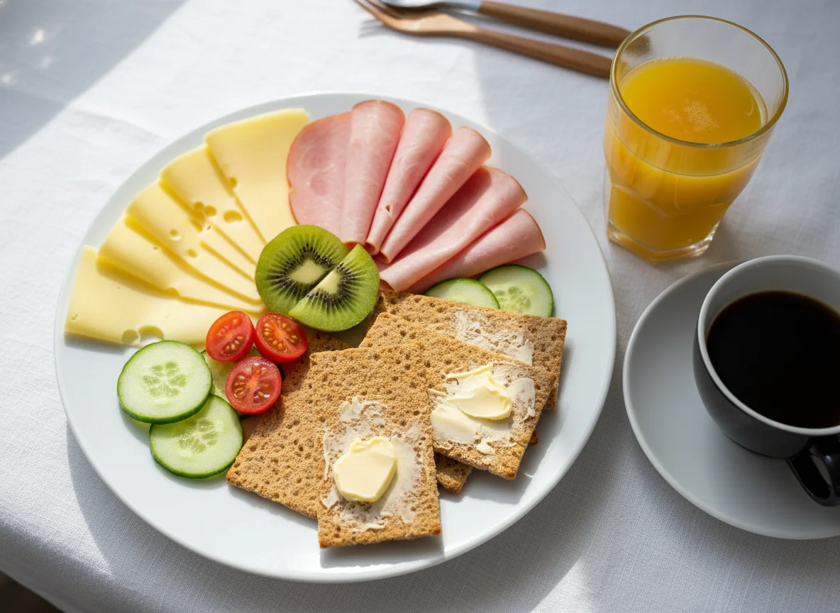 Frühstücksteller mit Knäckebrot und Saft photo