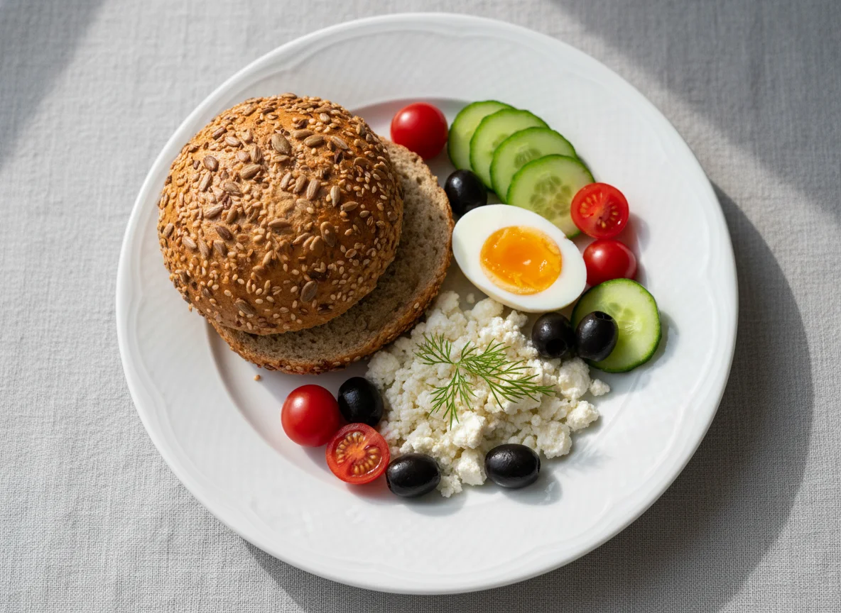 Frühstücksteller mit Körnerbrötchen, Ei und Feta photo