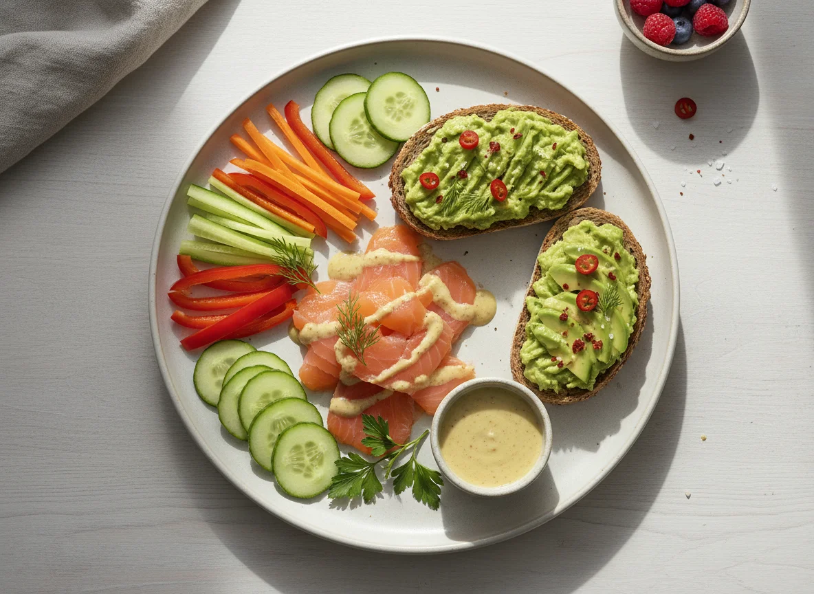 Frühstücksteller mit Lachs, Avocado-Brot und Gemüse photo