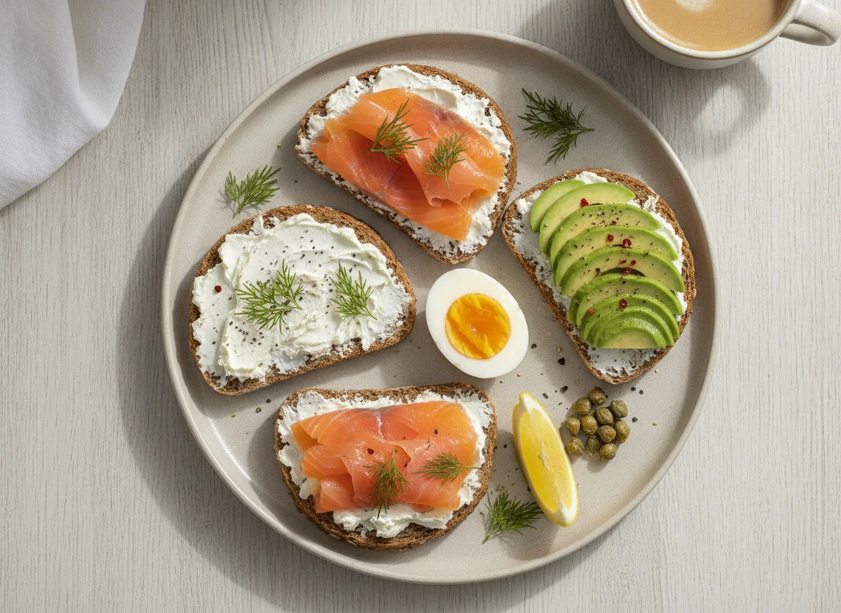 Frühstücksteller mit Lachs, Ei und Avocado photo