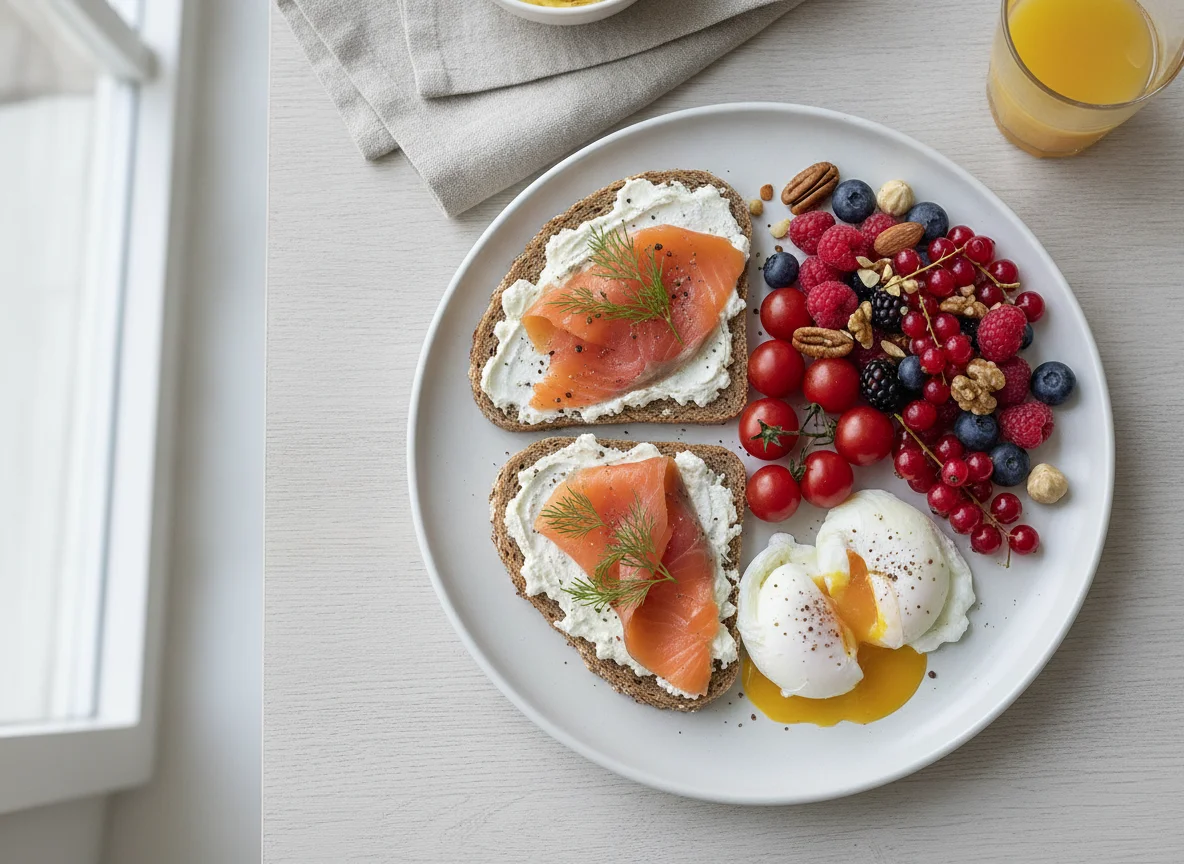 Frühstücksteller mit Lachs, Eiern und Beeren photo
