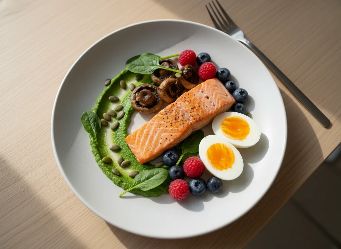Frühstücksteller mit Lachs, Eiern und Beeren mit Spinatpüree photo