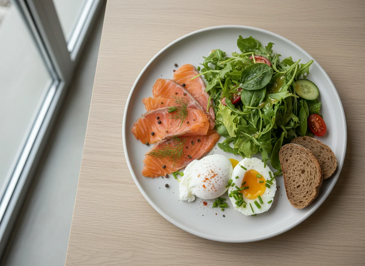 Frühstücksteller mit Lachs, Eiern und Salat photo