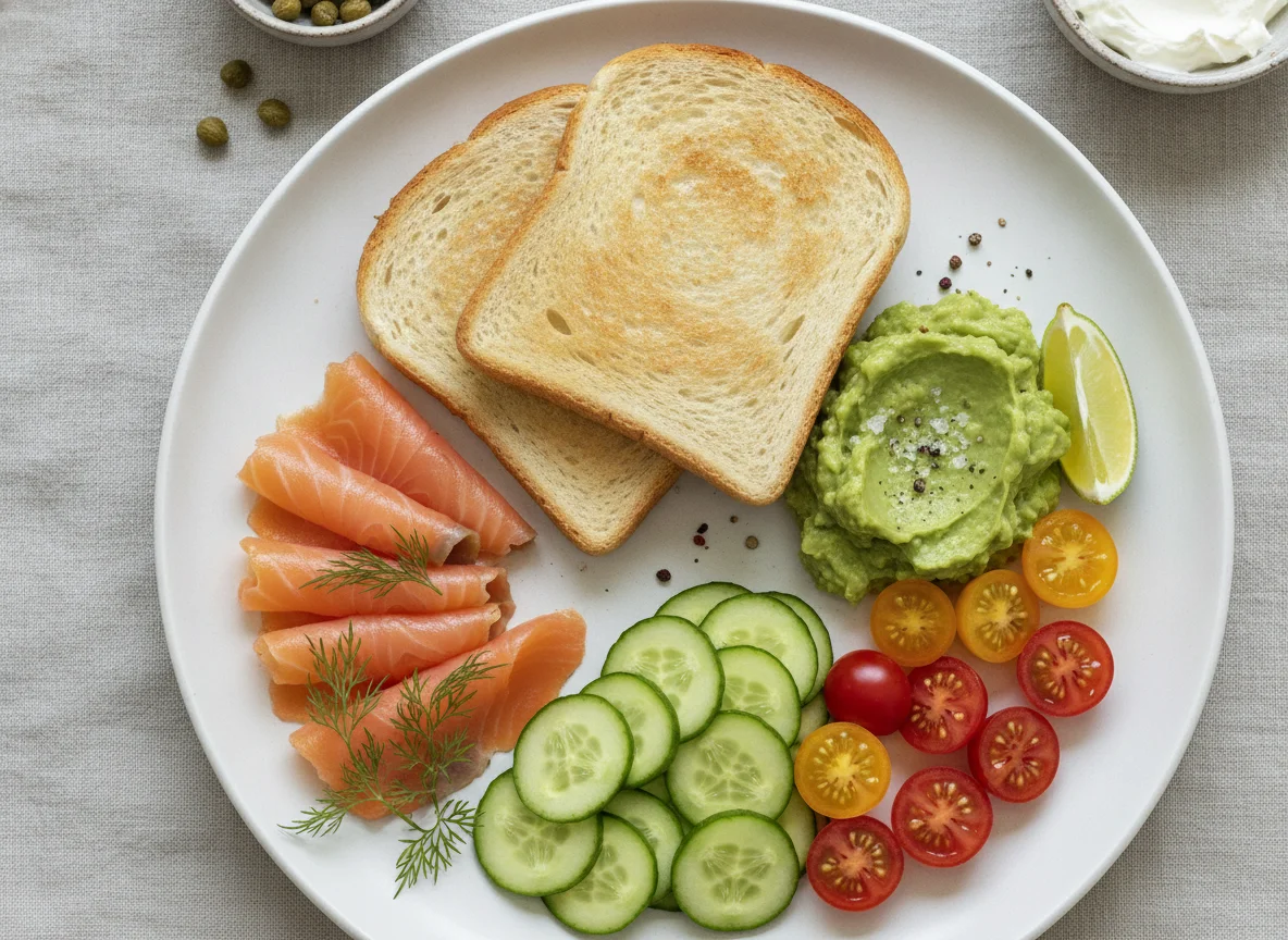 Frühstücksteller mit Lachs, Guacamole und Gemüse photo