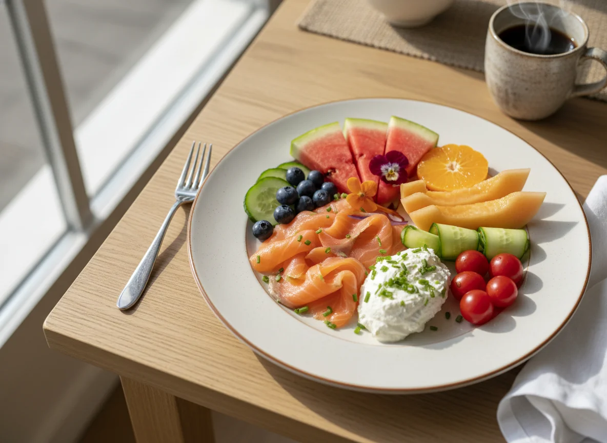 Frühstücksteller mit Lachs, Obst und Gemüse photo