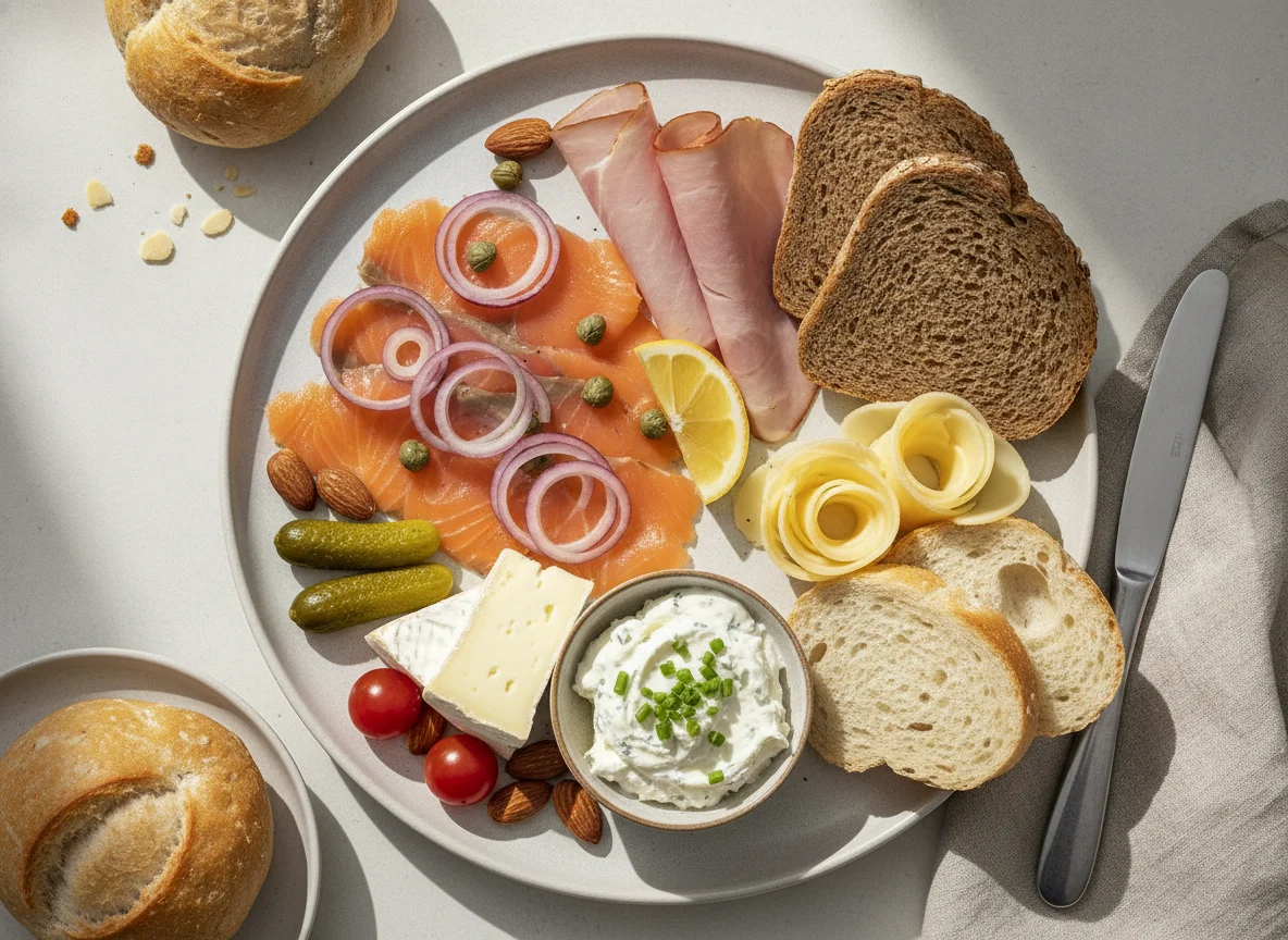 Frühstücksteller mit Lachs, Schinken und Käse photo