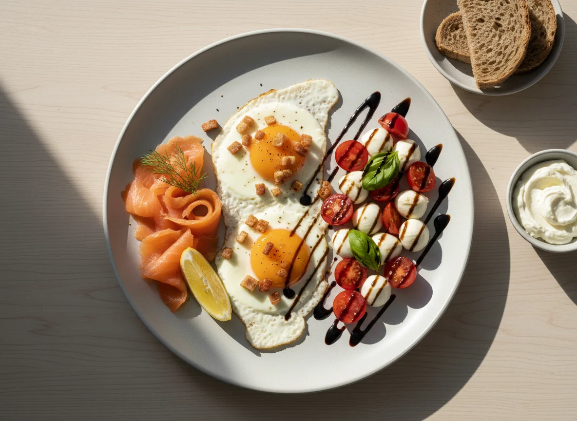 Frühstücksteller mit Lachs, Spiegelei und Caprese-Salat photo