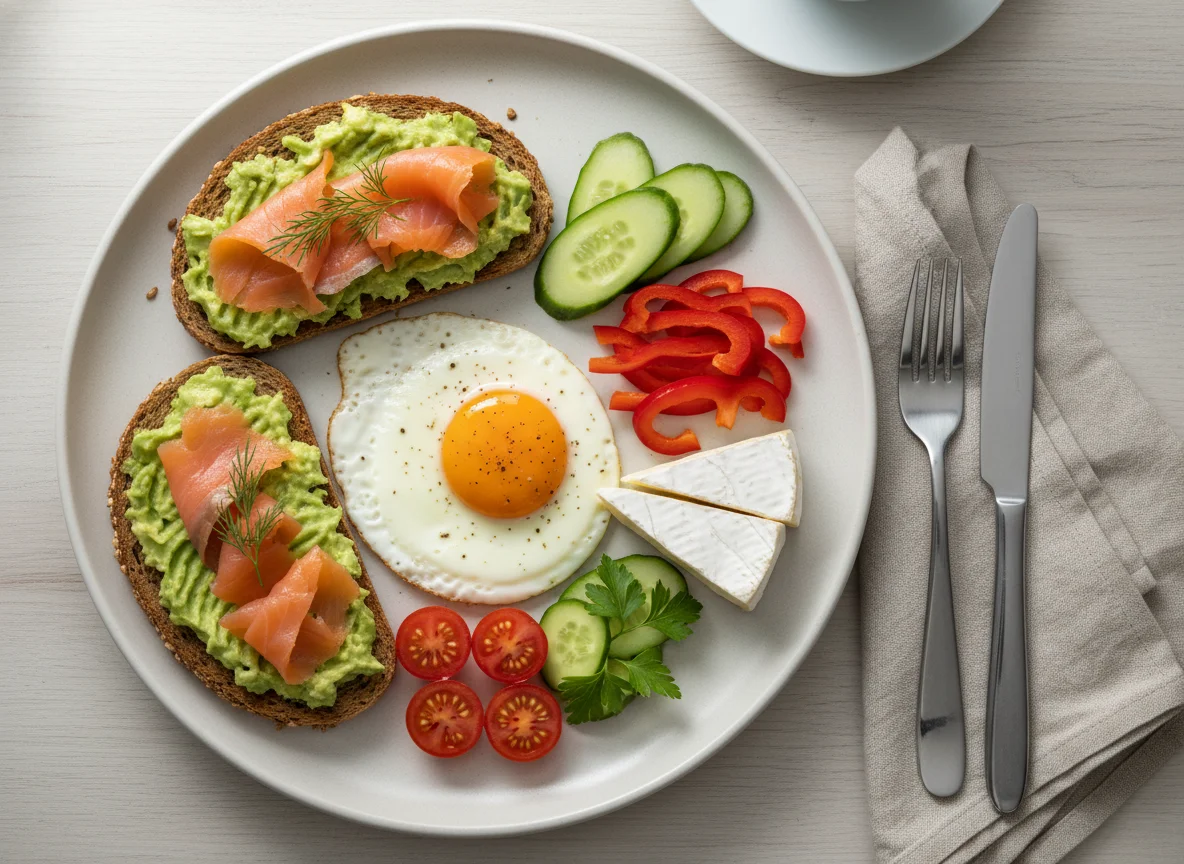 Frühstücksteller mit Lachs-Avocado-Brot, Spiegelei und Gemüse photo