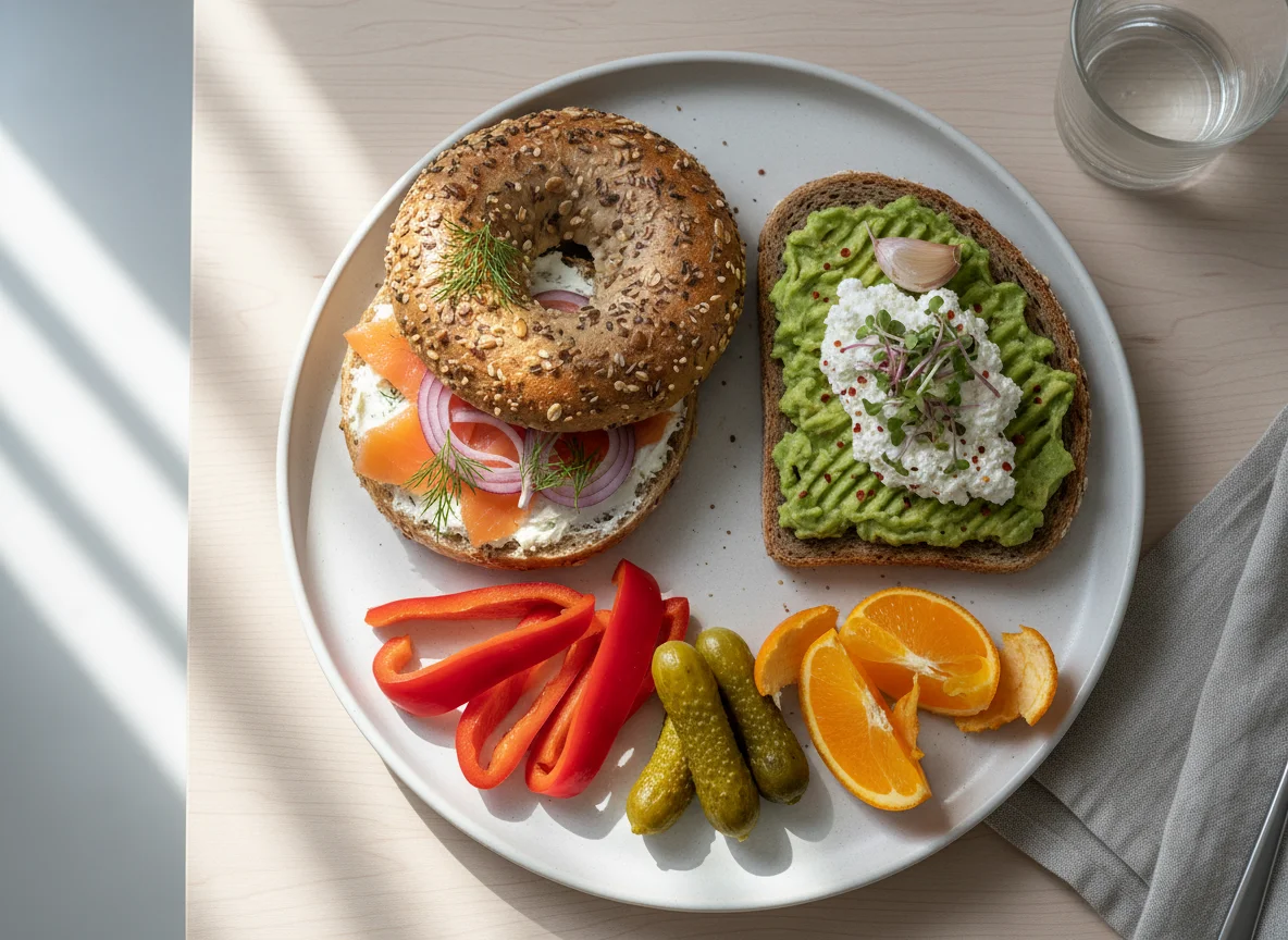 Frühstücksteller mit Lachs-Bagel, Avocado-Brot, Paprika und Orangen photo