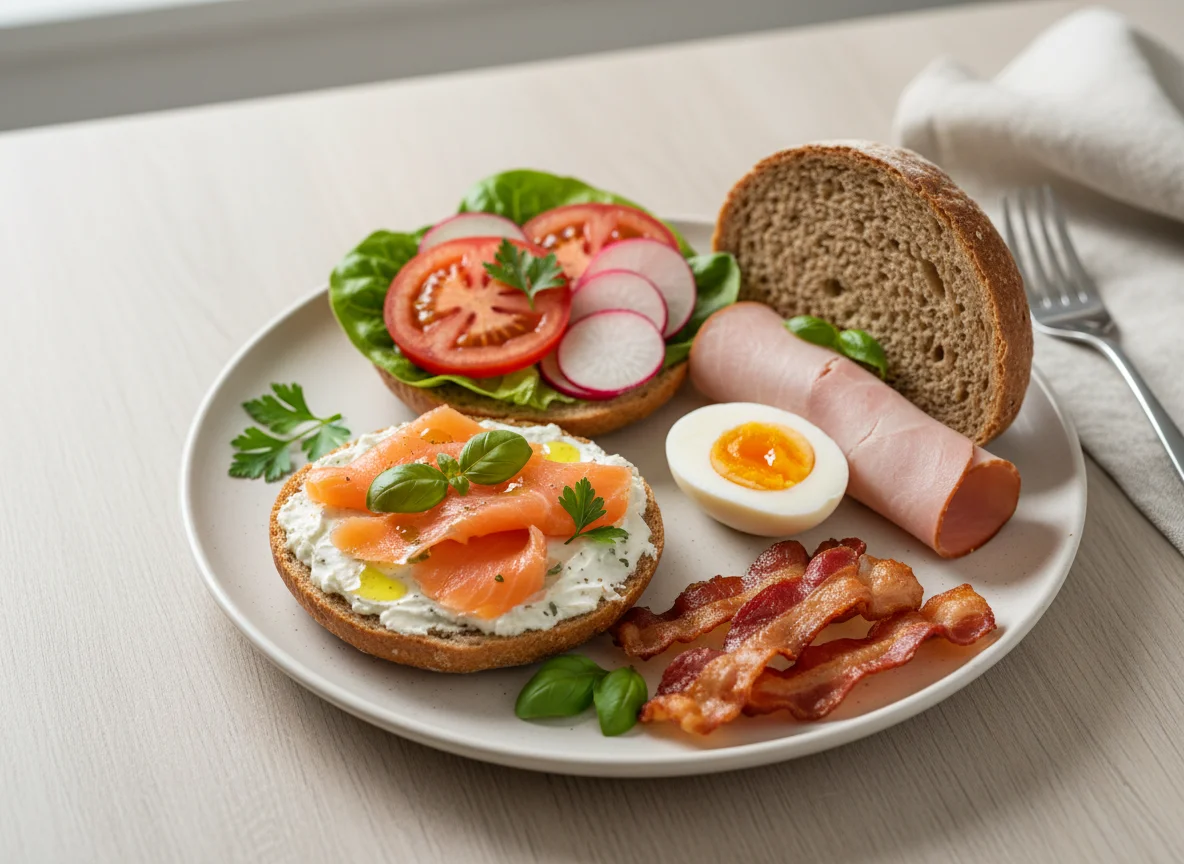 Frühstücksteller mit Lachsbrötchen und Beilagen photo