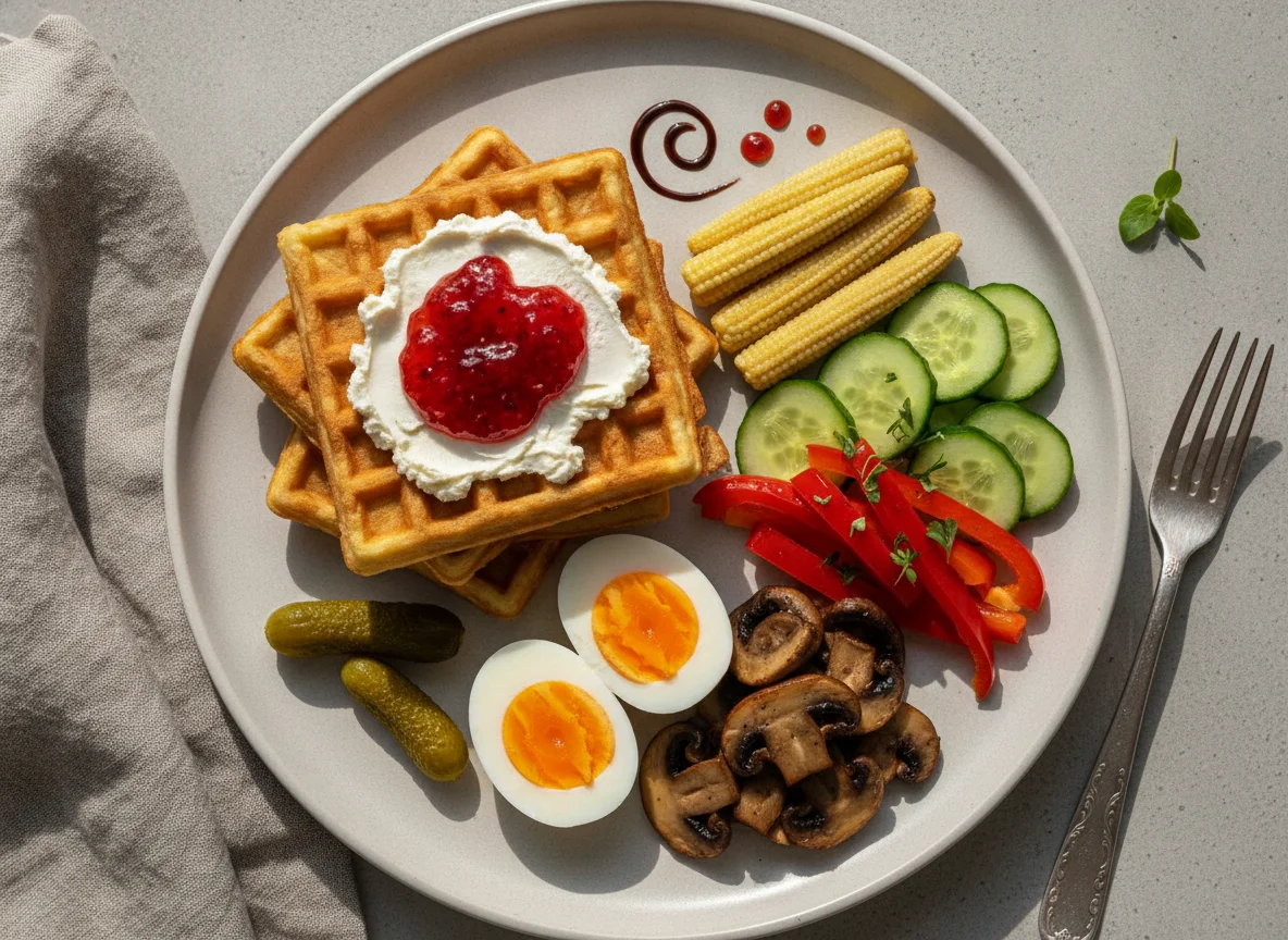 Frühstücksteller mit Maiswaffeln, Eiern und Gemüse photo