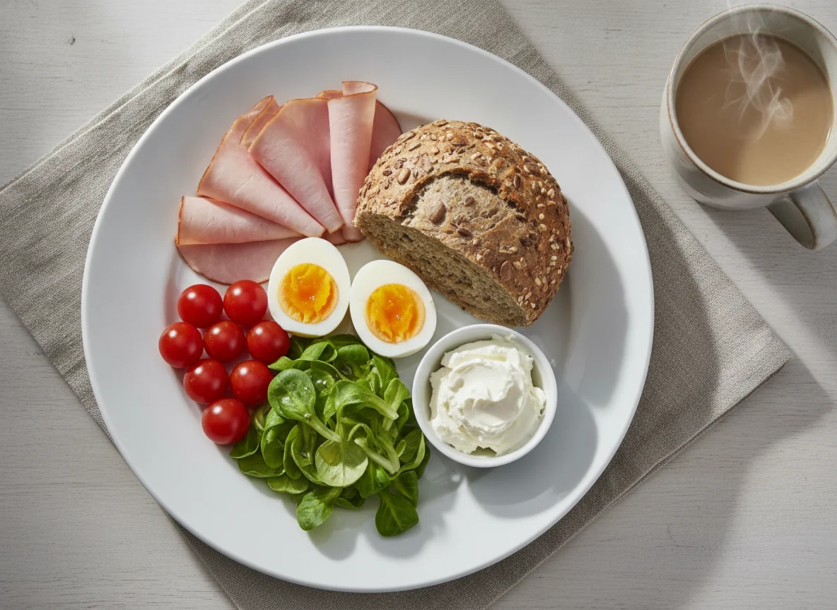 Frühstücksteller mit Mehrkornbrötchen, Schinken und Ei photo