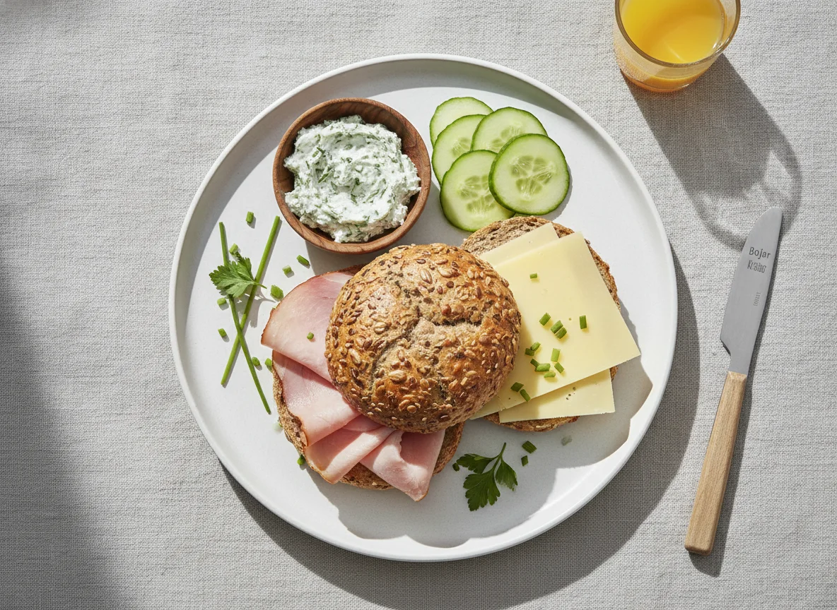 Frühstücksteller mit Mehrkornbrötchen, Schinken und Käse photo
