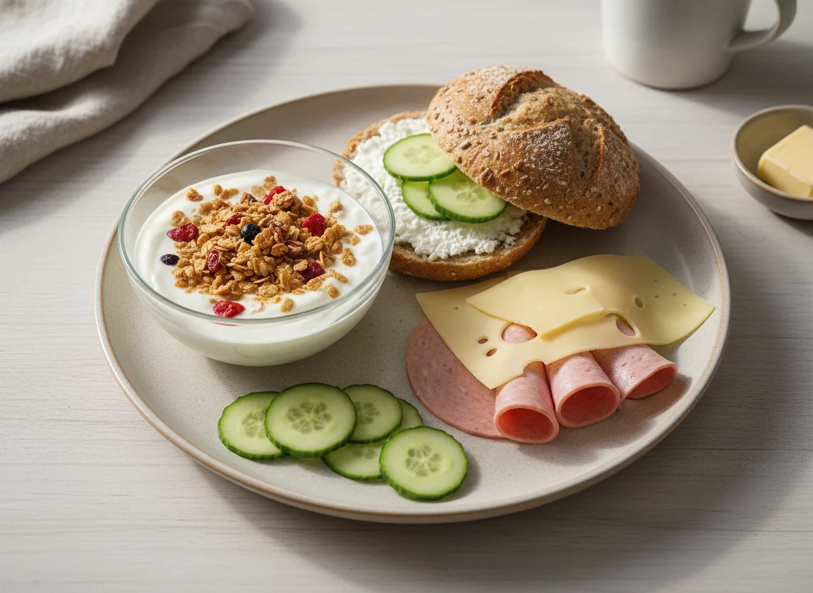 Frühstücksteller mit Müsli, Brötchen und Käse photo