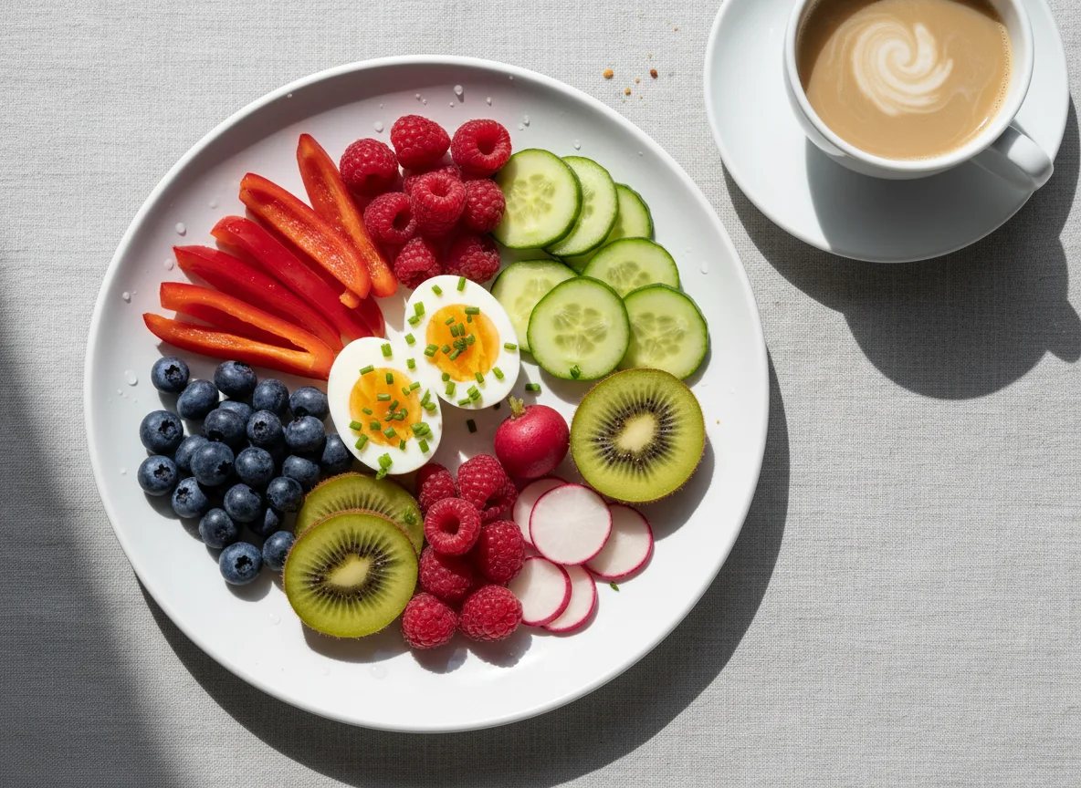 Frühstücksteller mit Obst, Gemüse und Ei photo