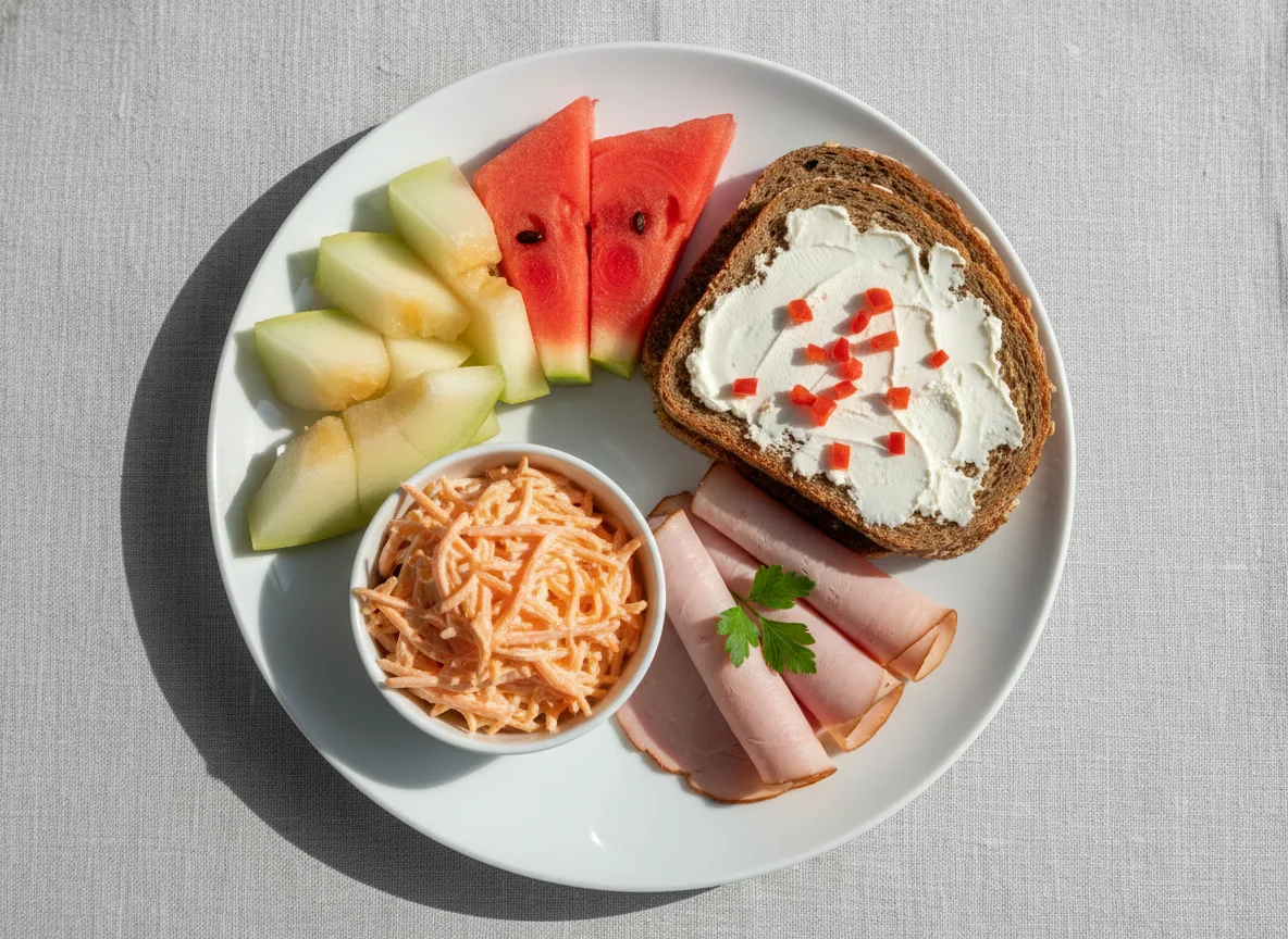 Frühstücksteller mit Obst, Karottensalat und Brot photo