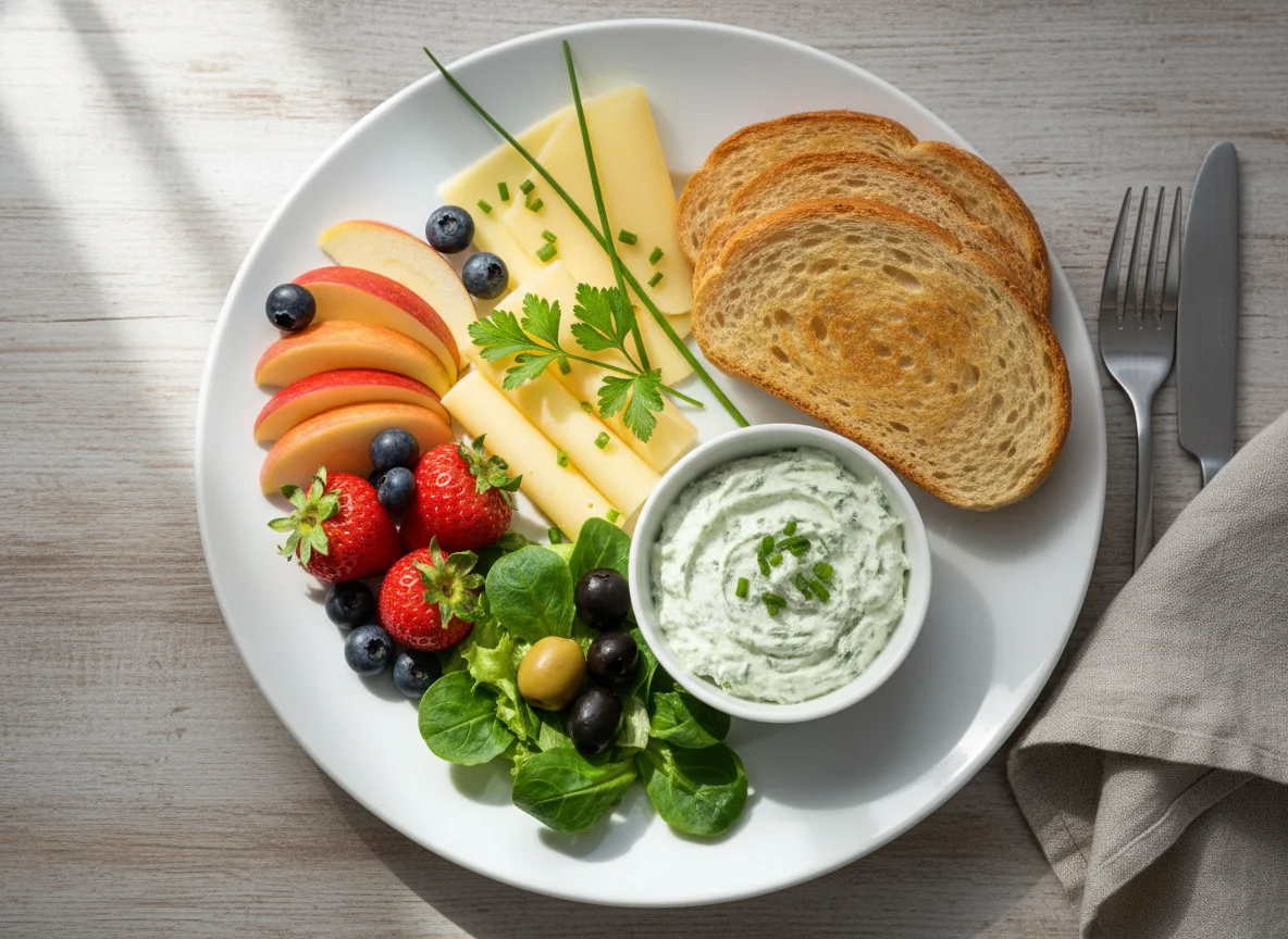 Frühstücksteller mit Obst, Käse und Toast photo