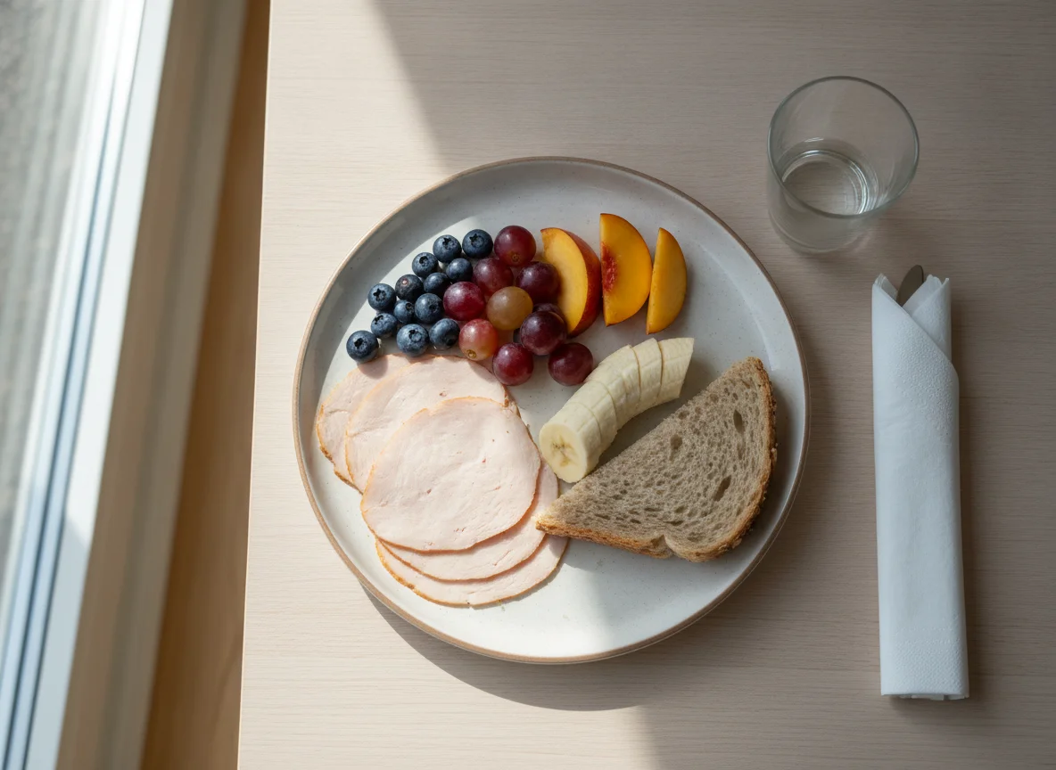 Frühstücksteller mit Obst und Putenbrust photo