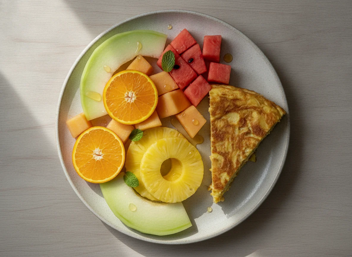 Frühstücksteller mit Obst und Tortilla photo