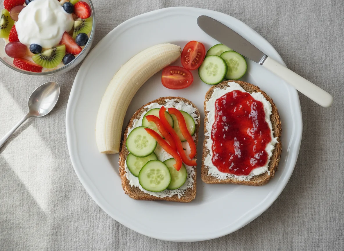 Frühstücksteller mit Obstsalat und Brot photo
