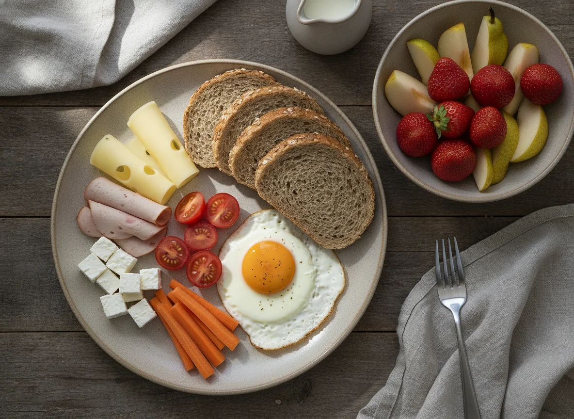Frühstücksteller mit Obstschale photo