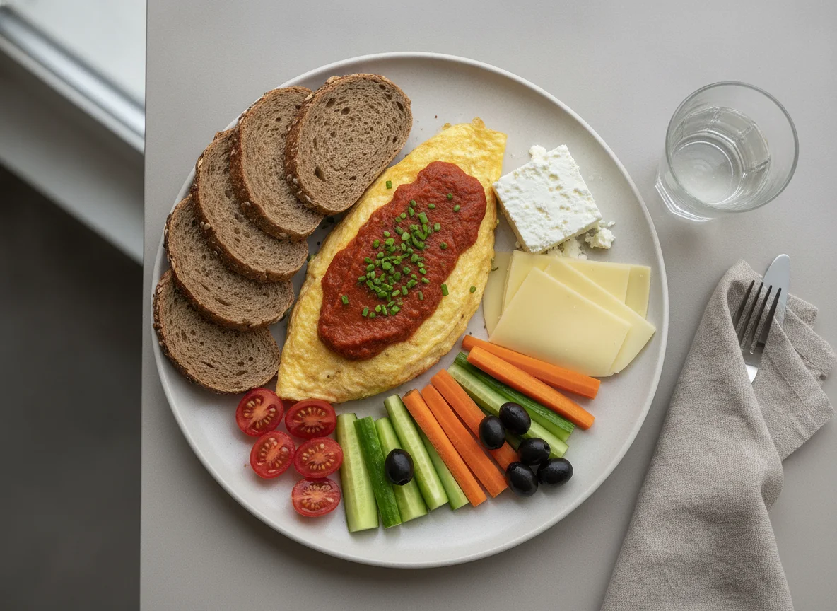 Frühstücksteller mit Omelett, Käse und Gemüse photo