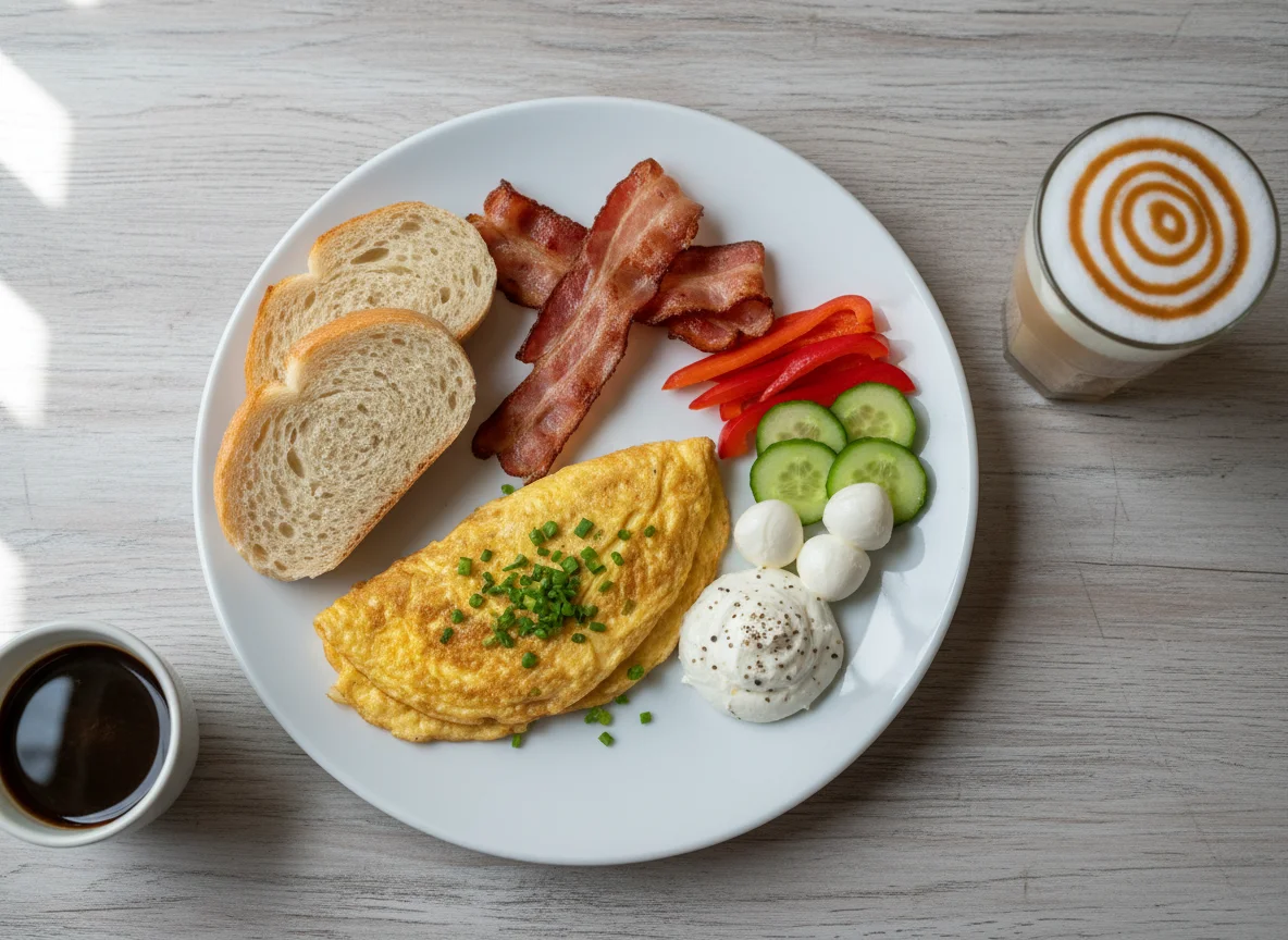 Frühstücksteller mit Omelett, Speck und Gemüse photo