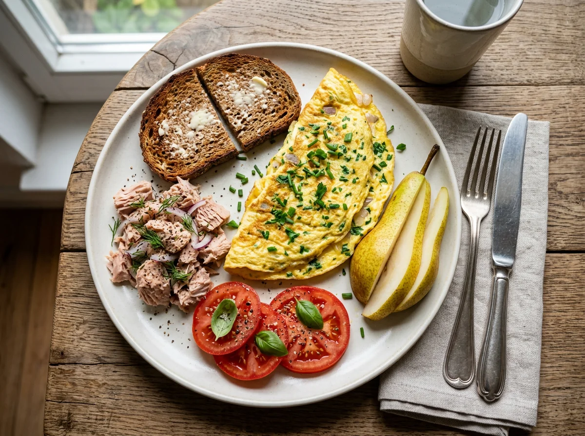 Frühstücksteller mit Omelett, Thunfisch, Toast, Tomate und Birne photo
